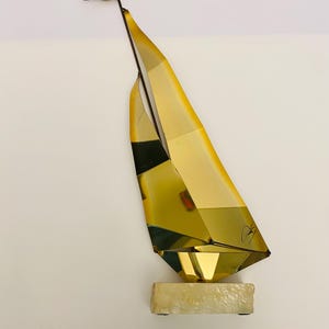 Mid Century 18” Tall Signed Brass  Catamaran Sailboat on Stone Base Nautical.