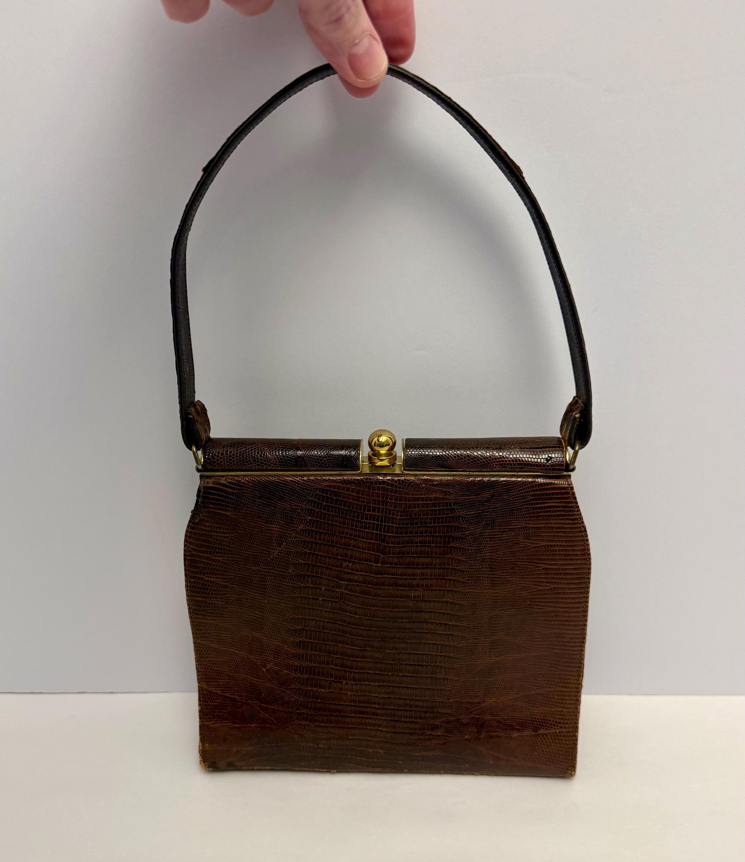 Mid Century Brown Lizard Skin Top Handle Handbag W/snap Top