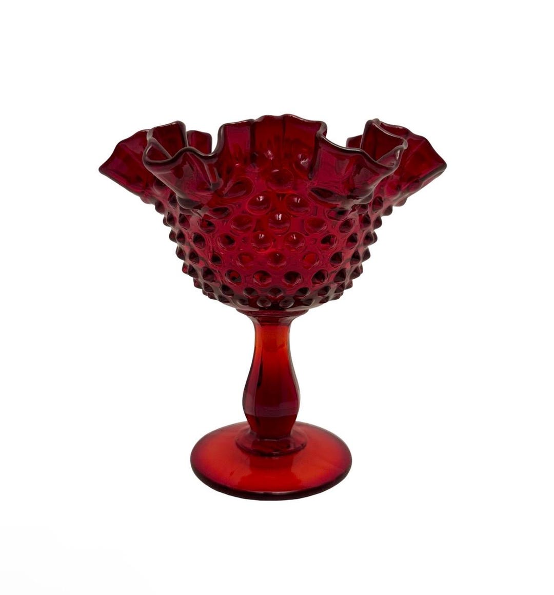 Fenton Ruby Red Bowl Ruffle Vintage Fenton Ruby Red 6” Tall Hobnail Ruffled Edge Compote Signed (C ...