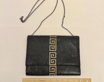 Vintage Greek Pattern Black & Gold Rhinestone Pave Clutch w/Chain Strap D-8.