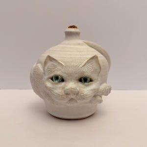 May include: A cream-colored ceramic jar featuring a sculpted cat face on the front. The cat has textured fur details and two glossy, light blue eyes. The jar has a rounded body, a narrow neck, and a small brown cork stopper at the very top.