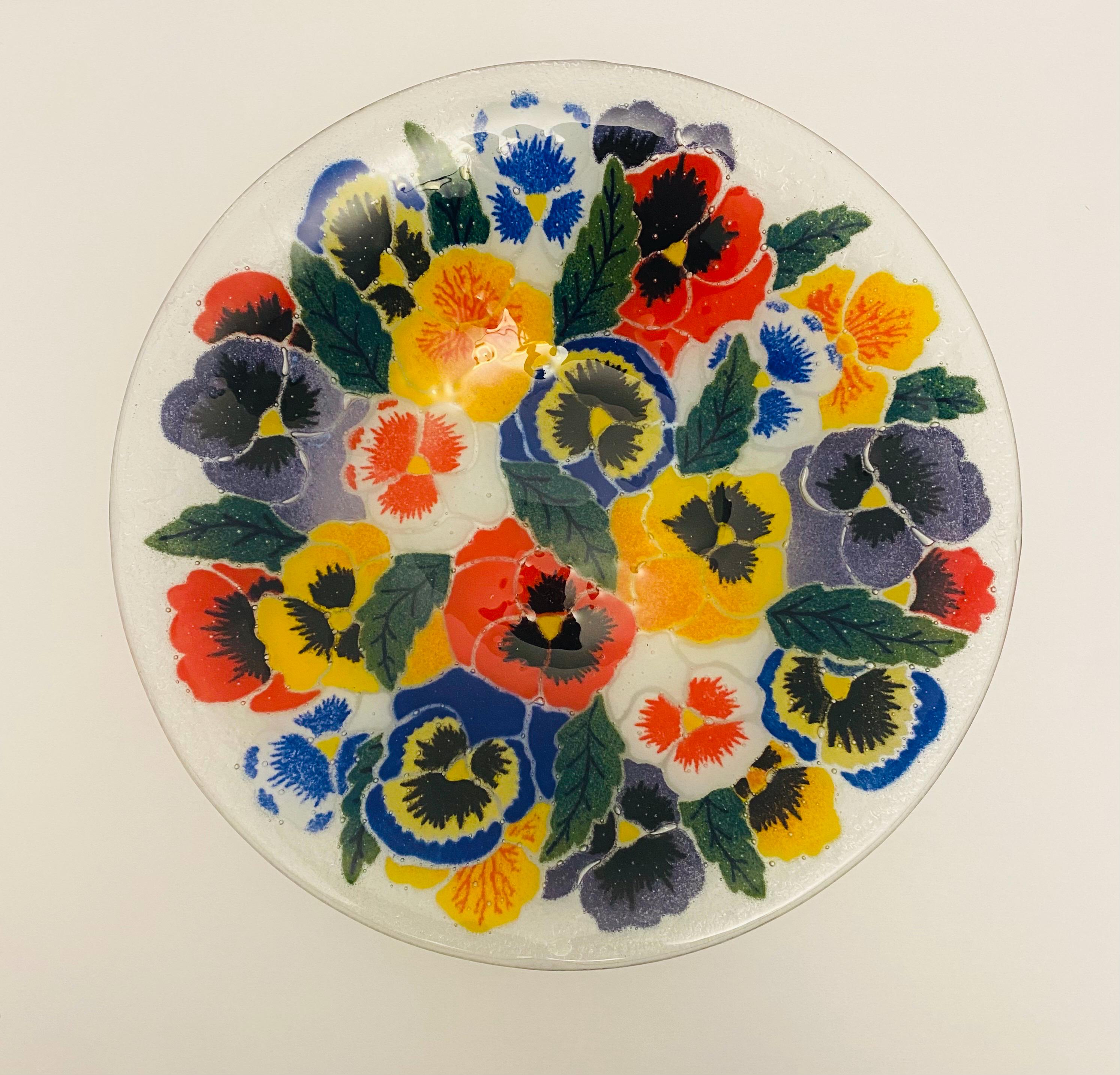 Vintage Peggy Karr 10.5” Fused Art Glass Pansies Floral Bowl