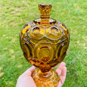 Vintage LE Smith Amber Moon & Stars Covered Compote/Candy Dish- 8” Tall w/Lid.