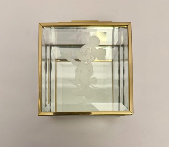 極美品 Mickey Mouse Frame Mirror Case ミラー VTG Mickey Mouse Etched Glass Mirror Gold Tone Jewelry Trinket Box