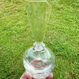 Vintage Art Deco Clear Glass Etched Floral Perfume Bottle with Stopper.