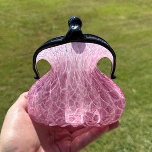 Vintage 1980’s Murano Style Art Glass Pink and Black Purse Vase Hand Blown (C-2).