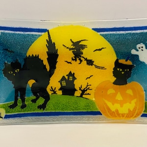 Vintage 2002 Peggy Karr “Boo” Rectangular Fused Art Glass Halloween Plate.