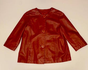 Jaqueta Neiman Marcus feminina vintage, tamanho médio, de couro vermelho, com botões frontais, modelo Y2K, modelo 2000.