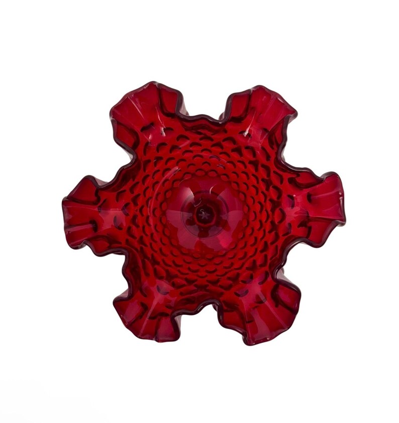Fenton Ruby Red Bowl Ruffle Vintage Fenton Ruby Red 6” Tall Hobnail Ruffled Edge Compote Signed (C ...