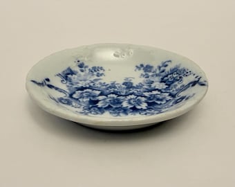 Antique Victorian Blue Floral Butter Pat 2.75” Ironstone Butter Dish (E-5).