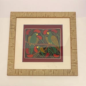 Vintage 1997 Hand Made Framed Mola Fabric Cloth Tapestry Bird Motif.
