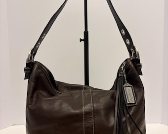 Y2K Coach Soho Brown Leather Medium Hobo Tassel Shoulder Bag #08A03 White Stitching