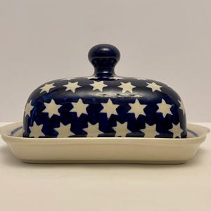 Vintage Blue Rose Polish Pottery Stars Square Butter Dish Boleslawiec EUC.