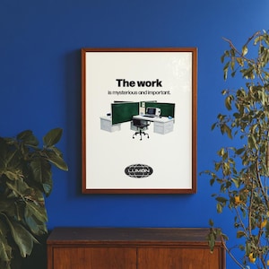 Ablösung inspiriertes Poster, Arbeit ist geheimnisvoll und wichtig, Abfertigungskabine, Retro Abfertigung Kunst, Abfertigung Büro, Abfertigung bedruckbar