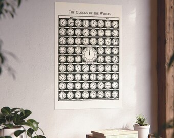 Vintage The Clocks of the World Poster from 1910, Unique Wall Art, Retro Black and White Home Decor, World Clock, Vintage Print, 1910s