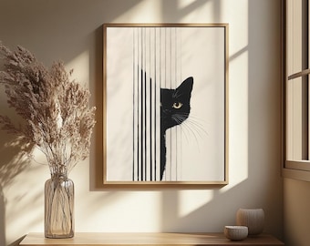 Minimalist Cat Wall Art, Black Cat Printable, Modern Cat Decor, Curious Cat Illustration, Quirky Animal Art, Digital Abstract Cat Painting