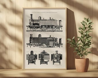 1869 Vintage Engine Train Technical Drawing Poster, Train Wall Art, Retro Tech Design, Retro Home, Steam Locomotive Print, Steampunk Decor