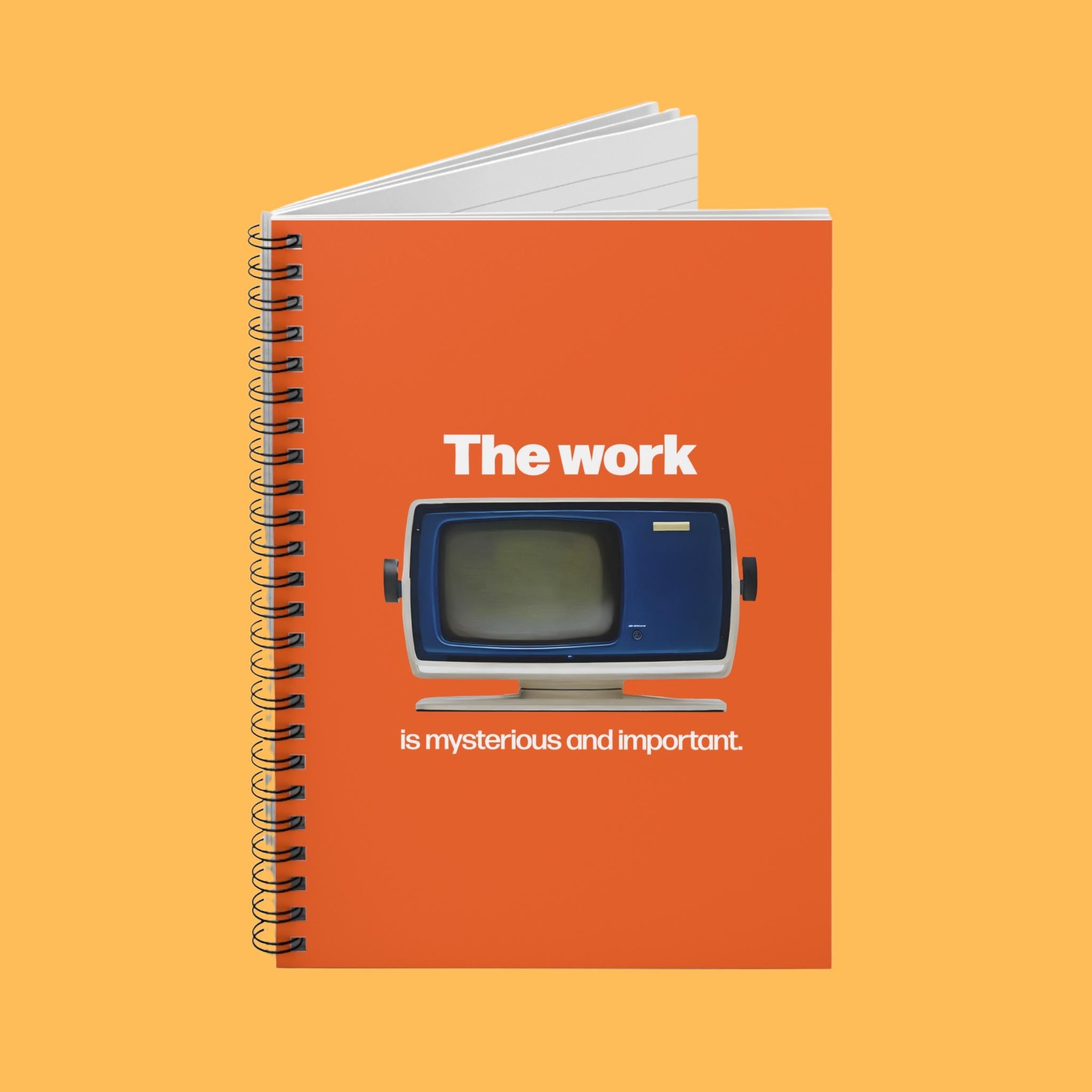 Op ontslag geïnspireerd spiraalvormig notitieboek, retro computerontwerp, het werk is mysterieus en belangrijk, vintage kantoorstijl, cadeau voor nerds en fans
