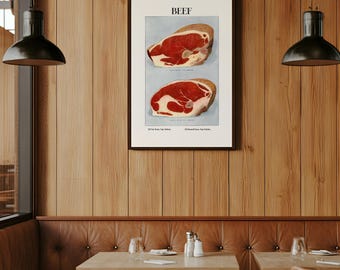 Vintage Artistic Beef Steak Poster, Kitchen Decor Print, Meat Lover's Wall Art, Retro Restaurant Decor, Old Style Steakhouse Art, Chef Art