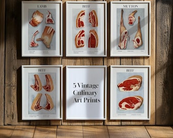 5 Vintage Artistic Beef Steak Posters Bundle from 1910s, Kitchen Decor Print, Meat Lover's Wall Art, Retro Restaurant Decor, Steakhouse Art