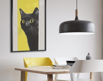 Curious Black Cat Rolled Poster, Wall Art, Cat Lover Decor, Home Aesthetic, Pop Art, Gift for Cat Owners, Unique Minimalist Cat Print