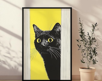 Joyful Minimalist Black Cat Pop Art, Matte Vertical Poster for Black Cat Lovers, Modern Home Decor, Wall Art Gift for Pet Lovers, Digital