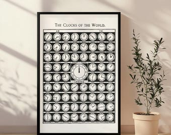 May include: A black and white vintage poster with the title "The Clocks of the World." The poster shows a grid of clocks representing different time zones around the world. The center clock is labeled "London."