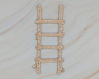 May include: A wooden ladder cutout with four rungs and two vertical supports. The ladder is made of light brown wood and has a rustic, handmade appearance. The rungs are connected to the supports with cross-shaped joints.