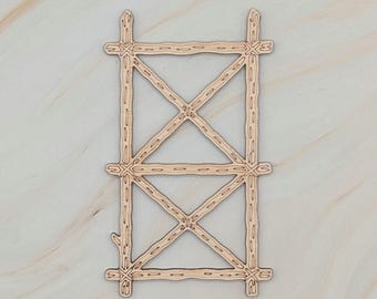 May include: A light brown wooden decorative gate with an X-shaped design in the center. The gate has a rectangular shape with horizontal and vertical wooden beams. The gate is made of thin wooden pieces and has a rustic appearance.