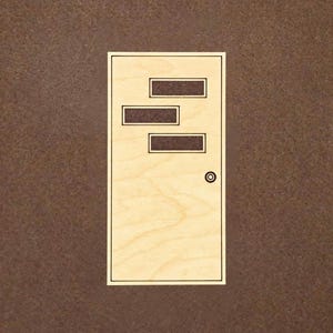May include: A rectangular light-colored wooden door cutout featuring three horizontal dark rectangular window cutouts arranged in a staggered pattern and a small circular knob cutout located on the lower right side of the door.