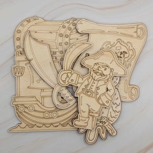 Paquete de fiesta pirata: juego de 6 diseños para colorear / Madera de abedul báltico / Perfecto para eventos infantiles / Etiqueta de bolsa personalizable incluida
