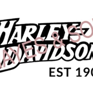 May include: A graphic design featuring the black text HARLEY-DAVIDSON in a bold, stylized font with a white outline. The text MAYES & SON is overlaid in a light pink color, and the black text EST 1903 is positioned below the main logo.