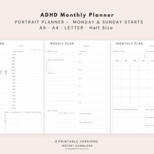 May include: A white ADHD monthly planner with daily, weekly, and monthly sections. The planner includes sections for time blocking, mood tracking, and to-do lists. Text at the top reads "ADHD Monthly Planner" and "Portrait Planner - Monday & Sunday Starts".