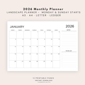 2026 Printable Planner with Notes – 2026 Monthly Dated Landscape Planner, Minimalist Layout, Monday / Sunday Start ,A3 A4 Ledger / Letter