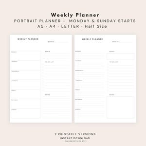 Puede incluir: Un planificador semanal minimalista en formato vertical. El diseño incluye secciones para cada día de la semana, objetivos, listas de tareas y notas. El texto "Weekly Planner" está en la parte superior, con opciones A5, A4 y carta.