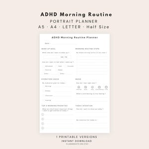May include: A white ADHD Morning Routine planner page with black text. Sections include Wake Up Goal, Morning Routine Steps, Hydration Check, Mood tracker with icons, Top 3 Morning Priorities, and Today Intention. Text at top reads ADHD Morning Routine Portrait Planner A5 A4 Letter Half Size.