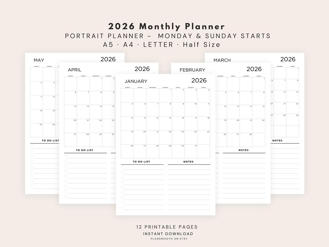 2026 Planner Printable With Notes – 2026 Monthly Dated Portrait Planner