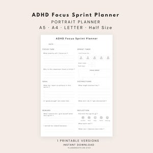ADHD Focus Sprint Planner Printable | ADHD Task Focus Planner | Productivity Sprint Tracker,Distraction Log&Reflection PDF,A4 A5 Letter Half