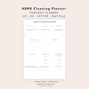 May include: A white ADHD Cleaning Planner page with black text featuring sections for date, week, tasks, cleaning tracker, energy levels, and timer sprints. The header reads ADHD Cleaning Planner, with additional text for A5, A4, Letter, and Half Size.