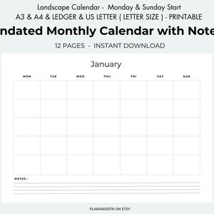 Calendario mensual imprimible sin fecha con notas: plantilla minimalista horizontal, ideal para escritorio, pared, inicio lunes/domingo, tamaño A3, A4, libro mayor/carta.