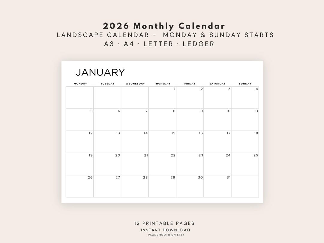 2026 Calendar Printable – 2026 Monthly Dated Landscape Calendar ...