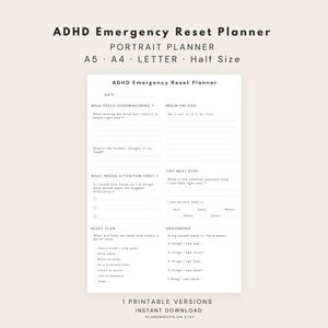 Afdrukbaar ADHD-noodherstelplanner | Overweldigende herstelplanner voor volwassenen met ADHD | Braindump, plan resetten en aarding pdf-bestand