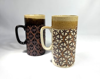 Set of 2 Retro Mid-Century Modern Stoneware Mugs - Vintage Kitchen Decor