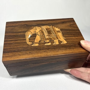 Vintage Wooden Trinket Box with Elephant Inlay - Handcrafted Indian Jewelry or Keepsake Box