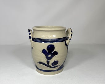Williamsburg Pottery Colonial Style Stoneware Blue & Cream Salt Glaze Kitchen Crock 5"