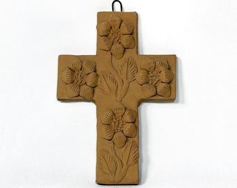 Handmade Terracotta Floral Cross Wall Hanging