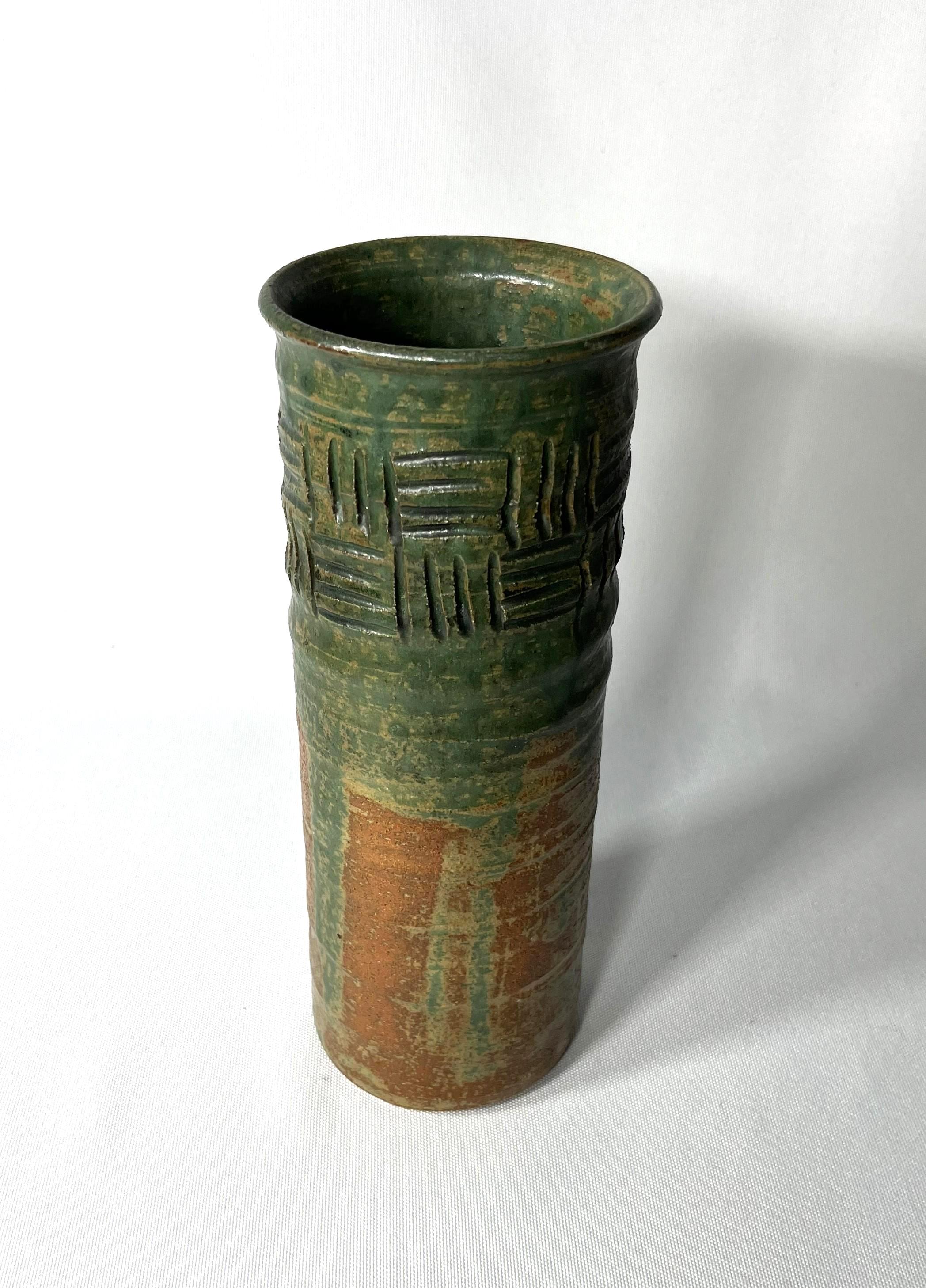 Vintage Studio Pottery Vase - Rustic Green & Red Glaze with Tribal Texture