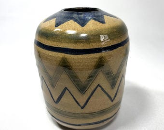 Hand Made Studio Pottery Vase - Tan and Blue Glazed Zig Zag Tribal Design