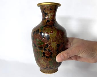 Vintage Cloisonne Vase - Brass Enamel Floral Asian Decor - Mid Century Oriental Vase