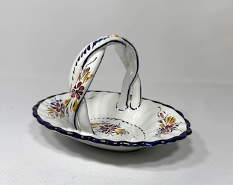 Hand Painted in Portugal Ceramic Basket Bowl - Scalloped Edge with Handle - Folk Art Dish